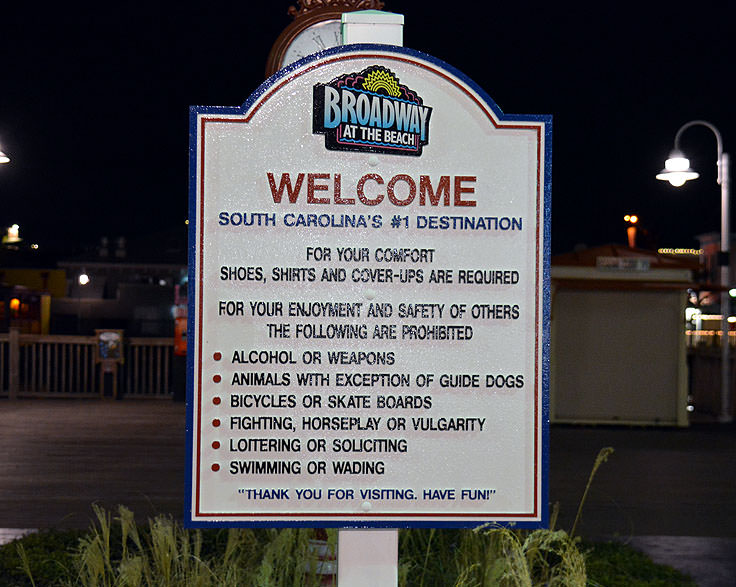 Welcome sign and rules at Broadway at the Beach in Myrtle Beach, SC